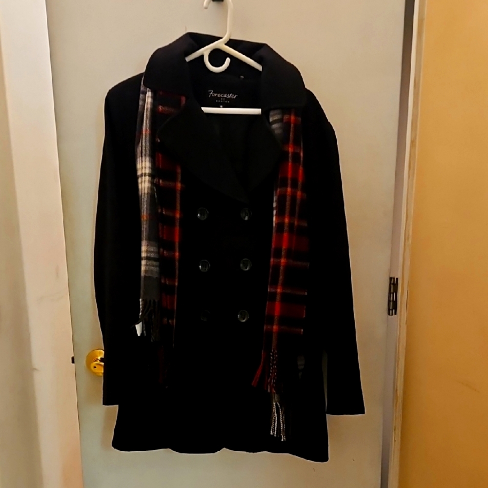 Forecaster of Boston Black Pea Coat with Red Plaid Scarf